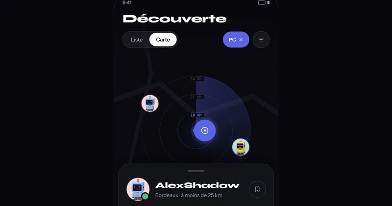 Écran Découverte de l’application Spawnzone avec carte des joueurs à proximité